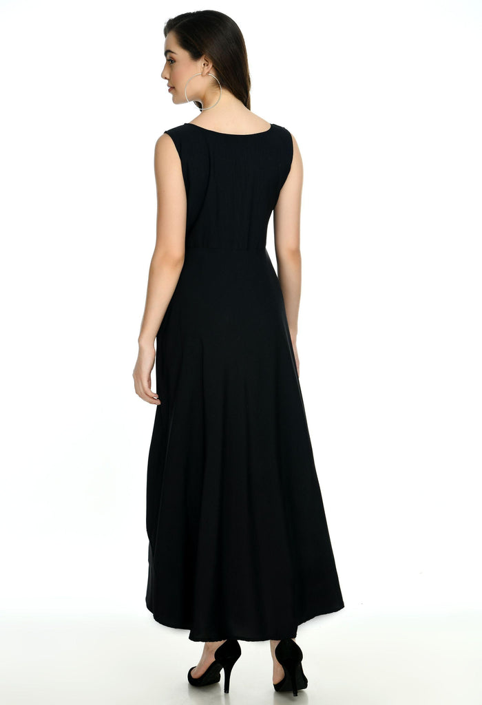 Oceanista Women's Crepe Embellished Partywear Black Maxi Dress