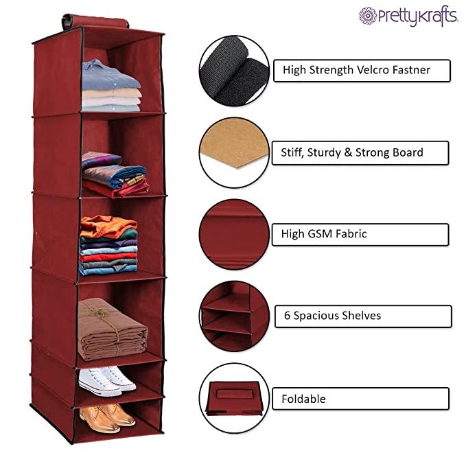 Organizer- 6 Shelves Foldable Hanging Wardrobe Organizers, maroon